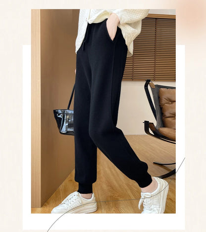 DjzDsm Women's Wool Pencil Pants Autumn Winter 100% Merino Wool Knitted Trousers Thick Soft Warm Pocket Casual Style Comfy Pants