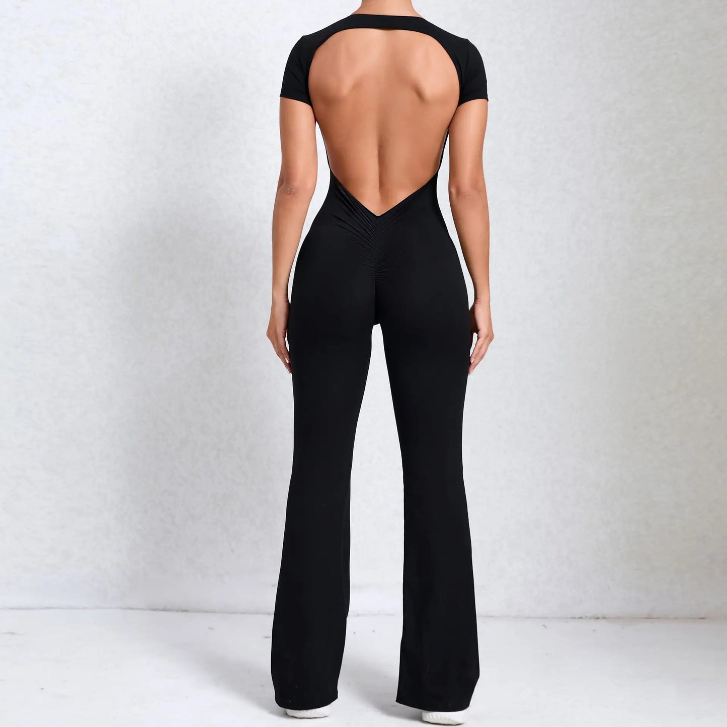 Women's Tracksuit Yoga Set Backless Jumpsuits Back V One Piece Fitness Rompers Short Sleeves Sportswear Gym Set Workout Clothes