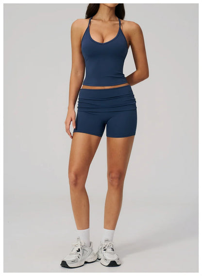 TRY TO BN Two Pieces Women's Tracksuit Vest Sling Top Set Fold-over Waist Yoga Shorts Hip Lifting Running Fitness Gym Activewear