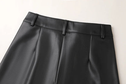 BIVIGAOS Fall Winter Fleece Loose Wide Leg Warm Leather Pants Women Button Pocket High Waist Thick PU Casual Straight Pants