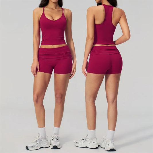TRY TO BN Two Pieces Women's Tracksuit Vest Sling Top Set Fold-over Waist Yoga Shorts Hip Lifting Running Fitness Gym Activewear