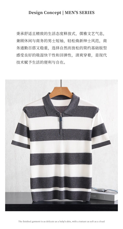 Men's 100% Lyocell POLO Collar Striped T-Shirt Knit Pullover Summer New Bussiness Casual Half-zip Short-sleeved Jumper Menswear