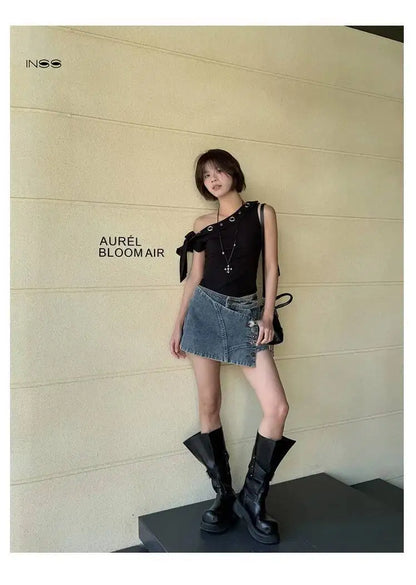 DEAT Fashion High Waist Button Detailed Washed Denim Mini Skirt Women's Wrap Design Streetwear Summer Bottoms New 7A4204