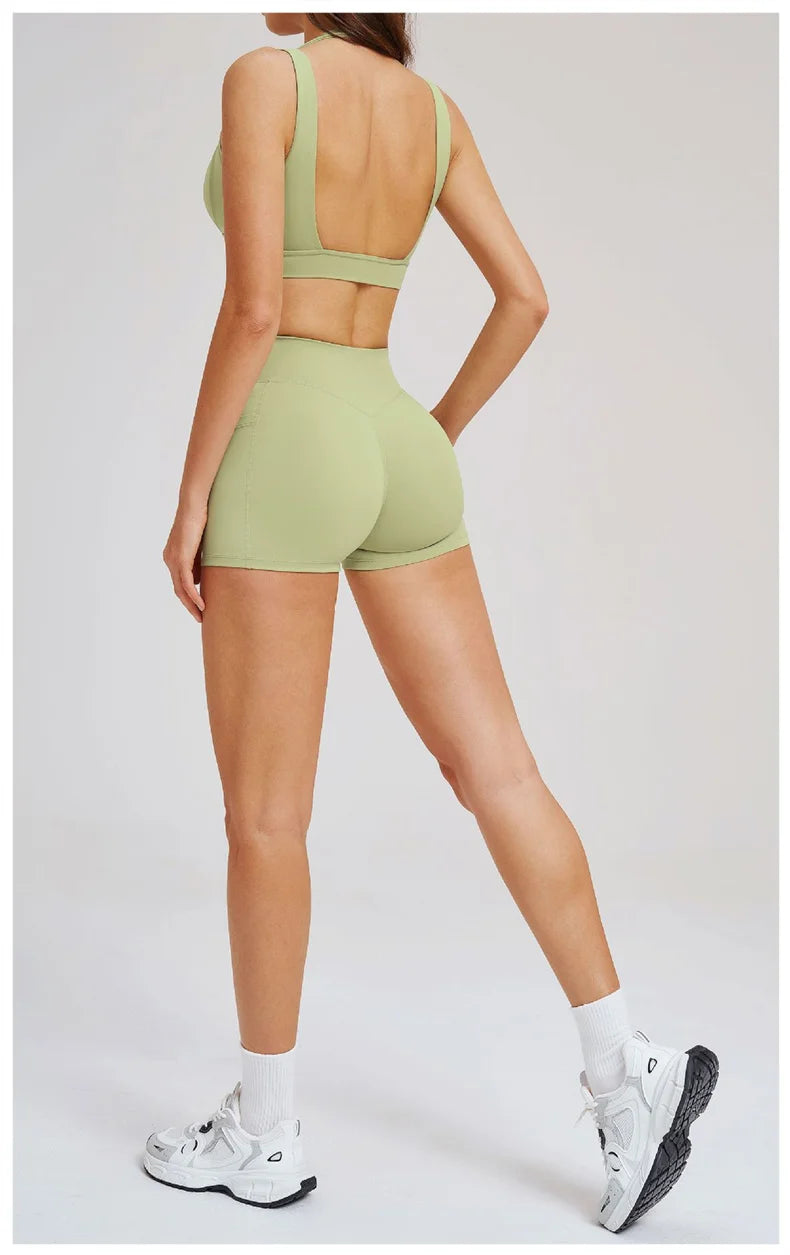 TRY TO BN Women's Tracksuit Shorts Sports Gym Set Halter Neck Fitness Cross Waisted Short Running Two Pieces Suits Yoga Clothing