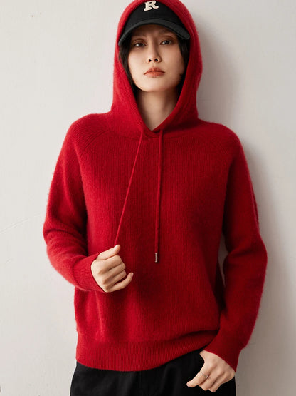 CHICUU Autumn Winter Women Hoodie Pullover Sweater 100% Cashmere Knitwear Soft Warm Casual Style Hooded Sweater Tops