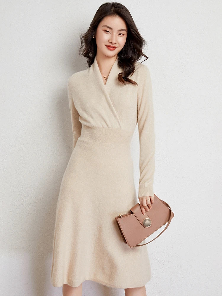 CHICUU Women 100% Cashmere Dresses V-neck Waist Cinching Dresses Autumn Winter Office Lady Grace Luxury Cashmere Knitwear