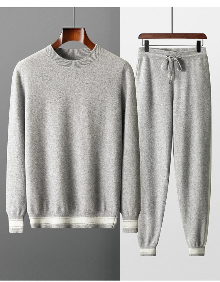 Autumn and Winter 100% Pure Cashmere 2-Piece set Men Loose and Warm Round Neck Pullover Sweater Knitted Casual Pencil Pants Suit