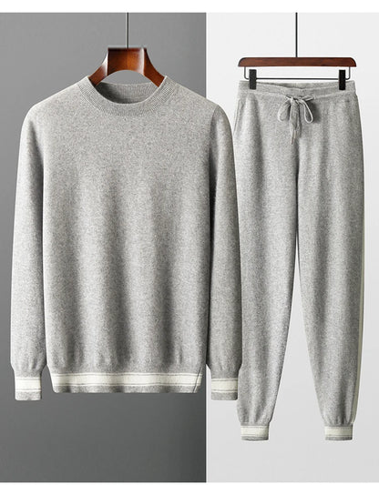 Autumn and Winter 100% Pure Cashmere 2-Piece set Men Loose and Warm Round Neck Pullover Sweater Knitted Casual Pencil Pants Suit