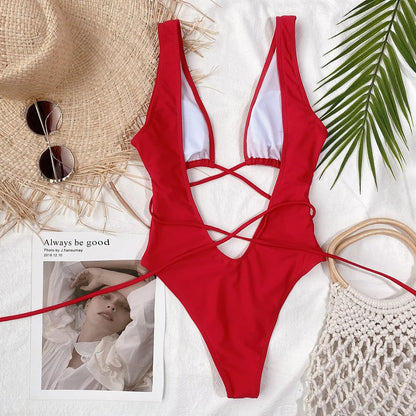 Sexy Bandage Wrap Around Tummy Cut Out Deep V Monokini One Piece Swimsuit Women Swimwear Female Bather Bathing Suit Swim V1037