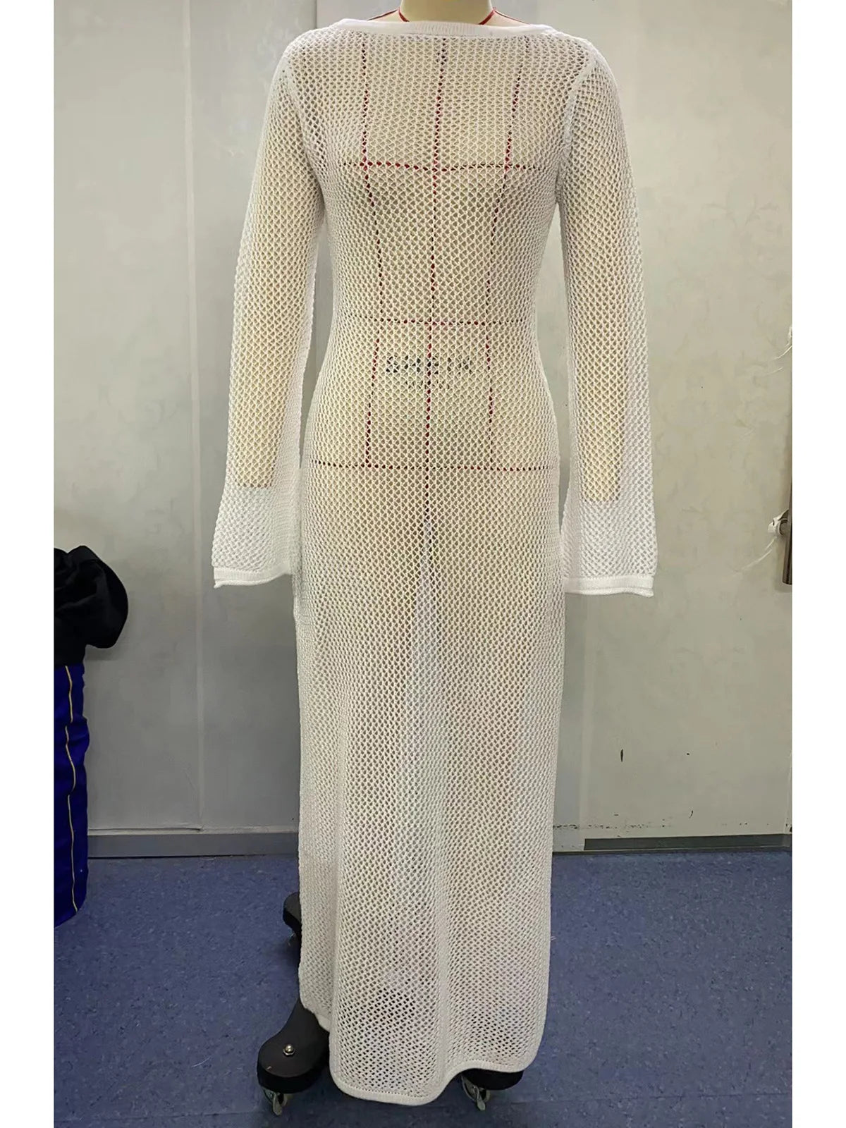 Sexy Long Sleeve Hollow Out Crochet Knitted Tunic Beach Cover Up Cover-ups Beach Dress Beach Wear Beachwear Female Women V5319