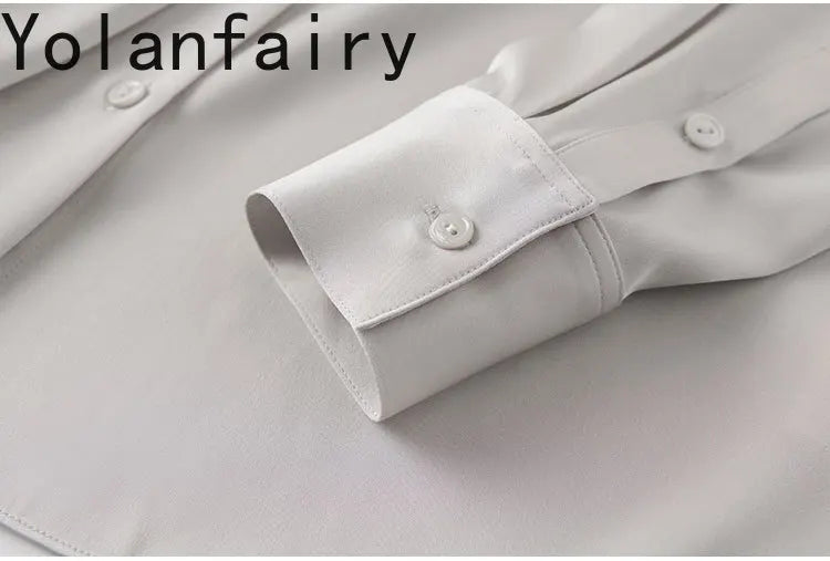 YOLANFAIRY 93% Real Mulberry Silk Shirts for Women Spring 2026 Elegant Solid Long Sleeve Shirt Woman Top Ribbon OL Blouses Trend