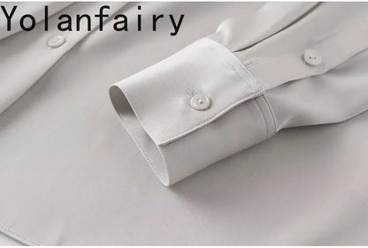 YOLANFAIRY 93% Real Mulberry Silk Shirts for Women Spring 2026 Elegant Solid Long Sleeve Shirt Woman Top Ribbon OL Blouses Trend
