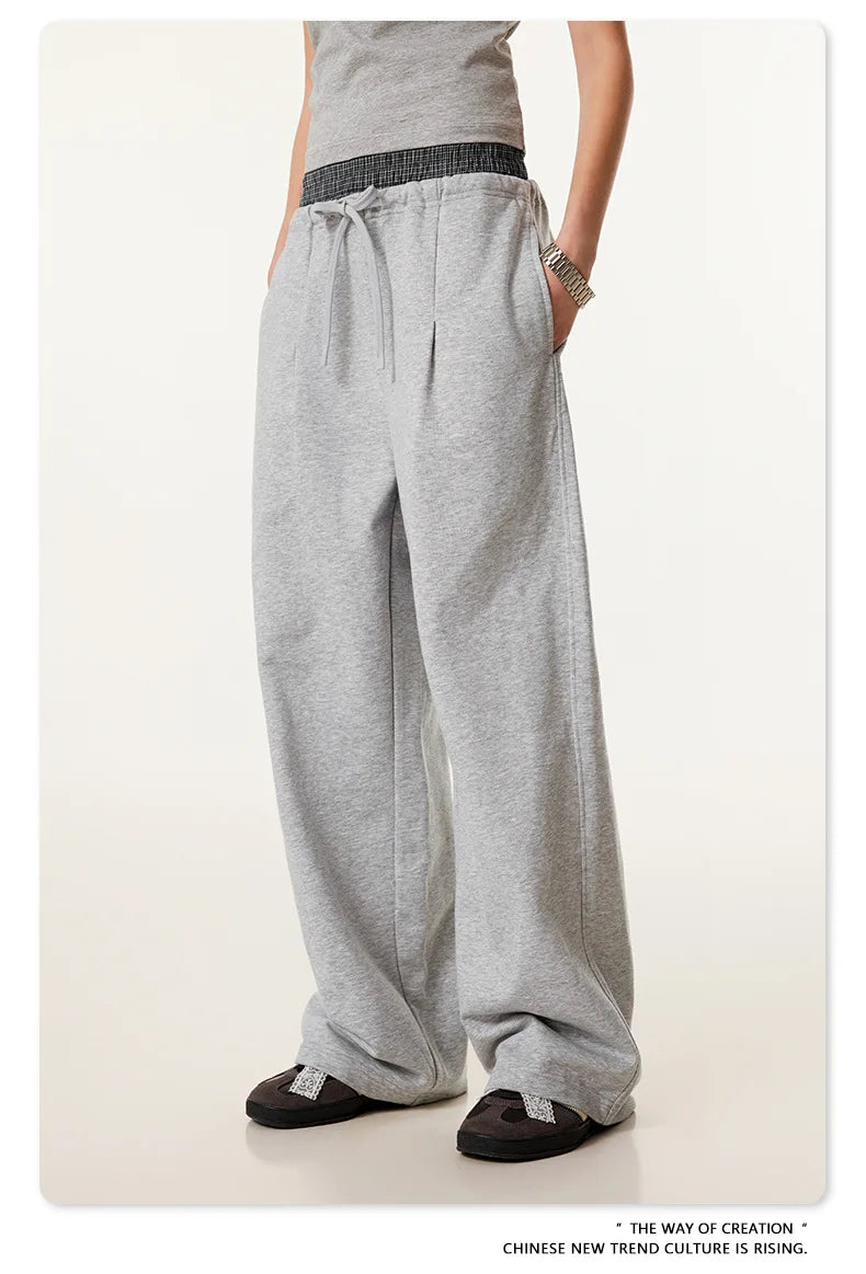 Custom LOGO Men's 2025 Summer 280G American Neutral Wind Splicing Double Waist Wide Leg Pants Sports Straight Couple Sweatpants