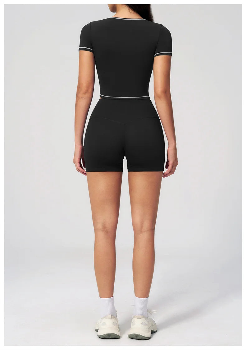 TRY TO BN 2 Pieces Women's Tracksuit Yoga Short Sleeves Top Sets High Waist Shorts Contrasting Color Running Fitness Gym Clothes