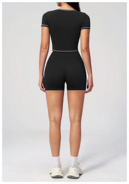 TRY TO BN 2 Pieces Women's Tracksuit Yoga Short Sleeves Top Sets High Waist Shorts Contrasting Color Running Fitness Gym Clothes