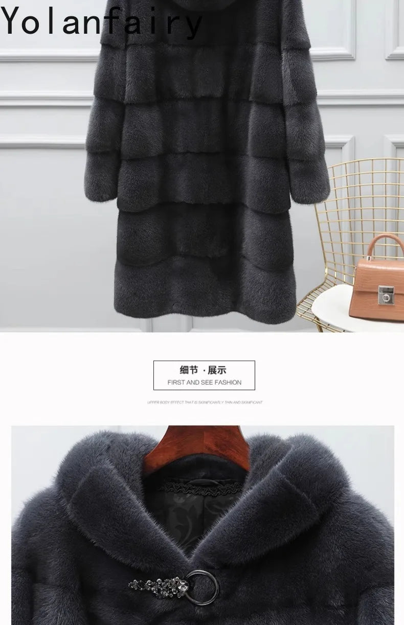 YOLANFAIRY Real Fur Coat Women Winter High Quality Mink Fur Jackets for Women Mid-length Natural Fur Coats Black Mink Jacket