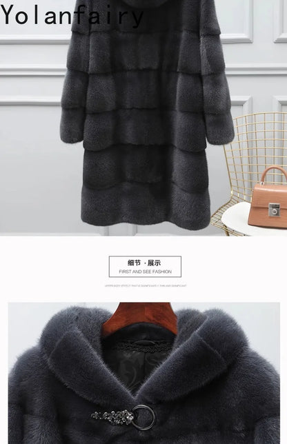 YOLANFAIRY Real Fur Coat Women Winter High Quality Mink Fur Jackets for Women Mid-length Natural Fur Coats Black Mink Jacket