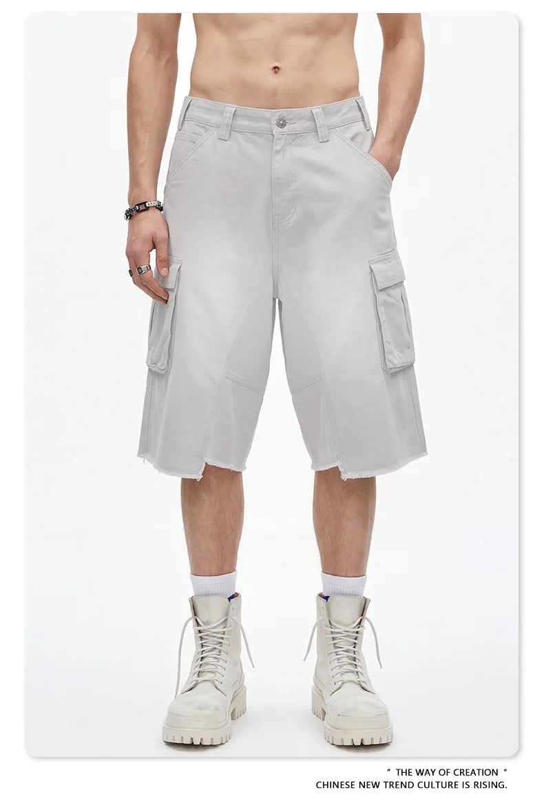 Custom LOGO men's 310G heavy 100% cotton summer American street multi-pocket retro washed old loose tooling seven-point shorts