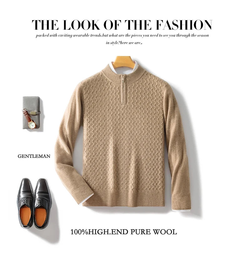 2024 Autumn Winter New Men's Half-High-Neck Thick 100% Pure Wool Sweater Long-Sleeved Business Warm Cashmere Bottoming Shirt Top