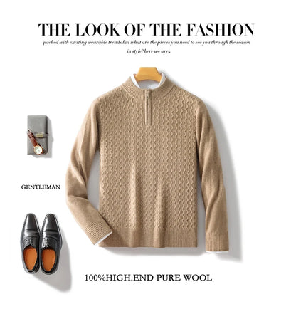 2024 Autumn Winter New Men's Half-High-Neck Thick 100% Pure Wool Sweater Long-Sleeved Business Warm Cashmere Bottoming Shirt Top