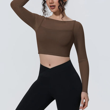 Hearuisavy Women's Mesh Long Sleeve Yoga Top With Padded Bra Fake Two Piece Gym Clothing Fitness Top Quick Dry Sports Crop Top