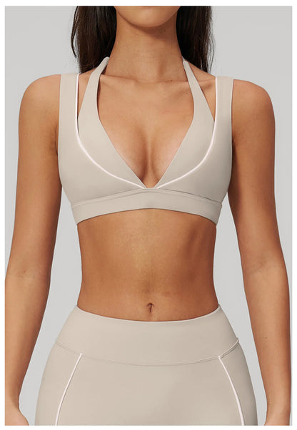 Color Contrast Deep-V Sports Bra Women's Gym Fitness Yoga Top Backless Breathable Sports Underwear Female Push Up Workout Top