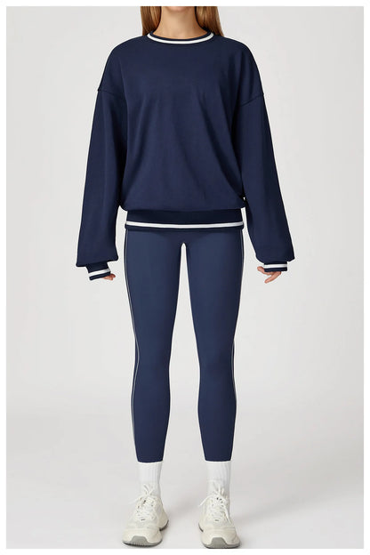 Women Long Sleeved New Winter Color Blocking Hoodie Outdoor Casual Running Sports Top Loose Round Neck Top Fashionable Hoodie