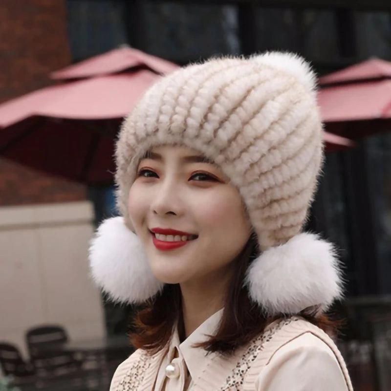 Fashion Women Real mink hat Winter warm mink fur knit hats Women fox fur ball cap