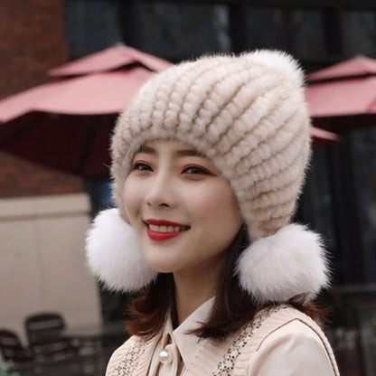Fashion Women Real mink hat Winter warm mink fur knit hats Women fox fur ball cap