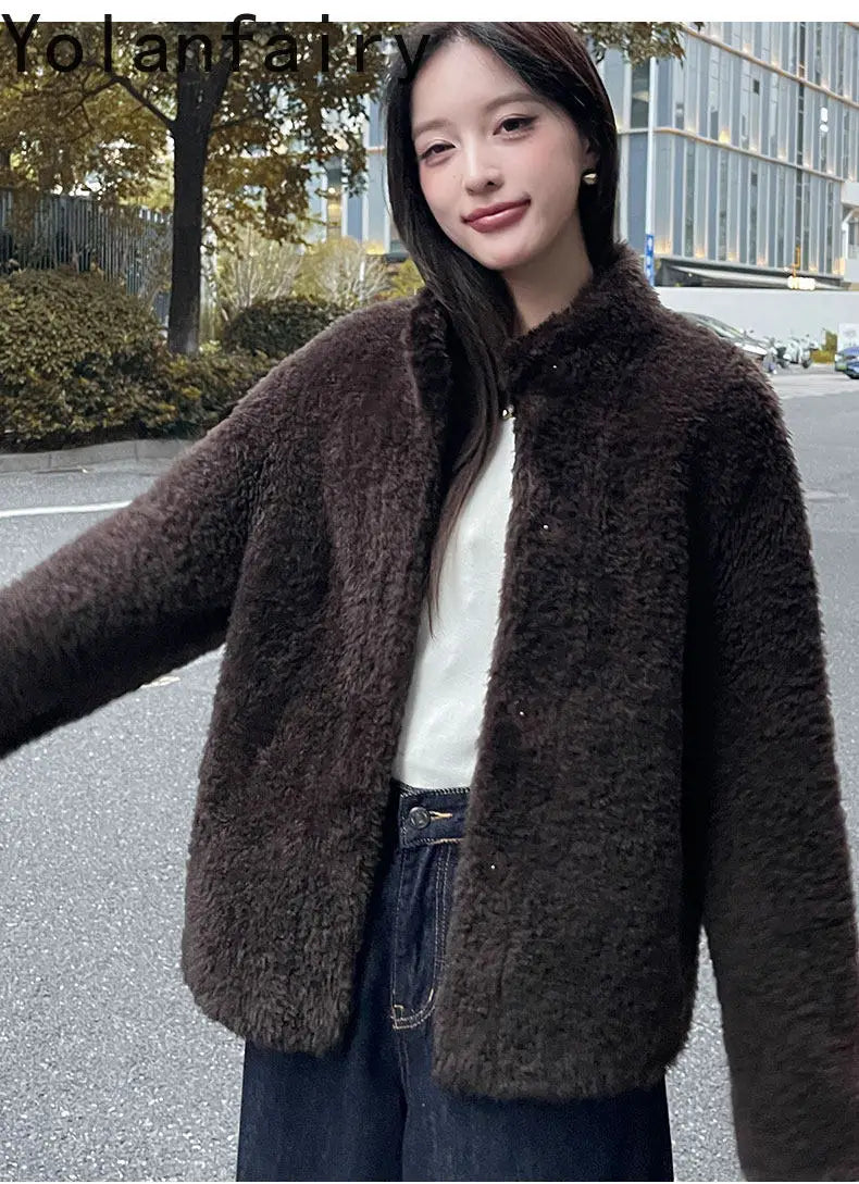 YOLANFAIRY 100% Genuine Leather Jacket Women Warm Natural Fur Coat Woman Winter Short Real Lamb White Fur Coats Jaqueta Feminina