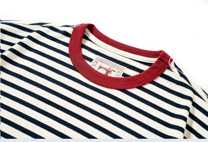 Summer new pure cotton T-shirt men's American retro contrasting shirt versatile couple short sleeved T-shirt striped base shirt