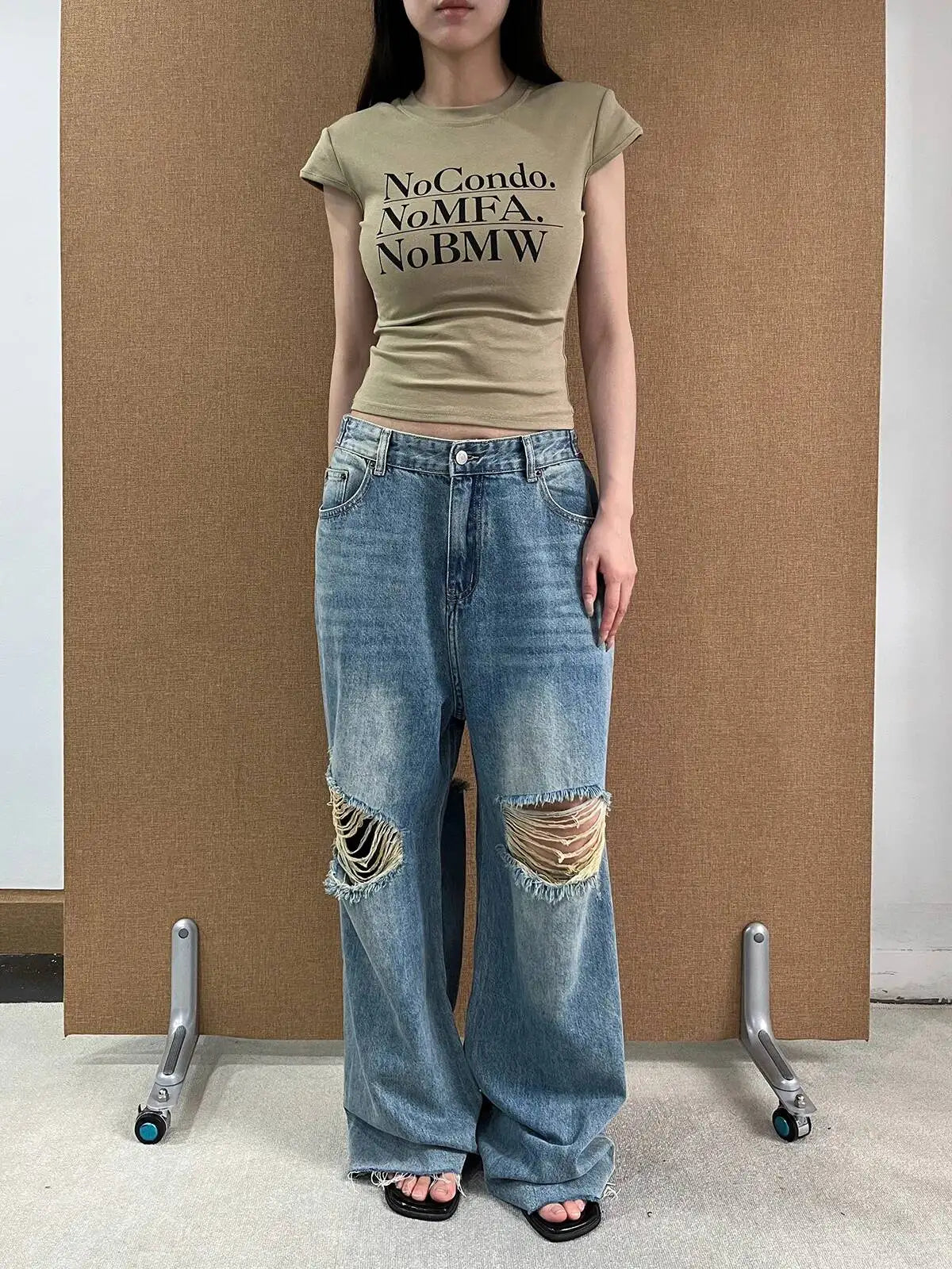 DEAT Fashion Ripped Straight Blue Jeans Women's High Waist Streetwear Denim Pants Summer New 7A4060