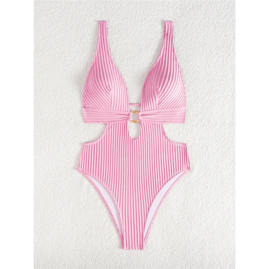 Sexy 8 Colors Deep V Neck Cut Out One Piece Swimsuit Women Swimwear Female High Leg Cut Monokini Bather Bathing Suit Swim V7177