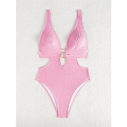 Sexy 8 Colors Deep V Neck Cut Out One Piece Swimsuit Women Swimwear Female High Leg Cut Monokini Bather Bathing Suit Swim V7177