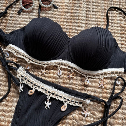 New Shell Scalloped Ribbed Underwired Bikini Female Swimsuit Women Swimwear Two-pieces Bikini set Bather Bathing Suit Swim V6498