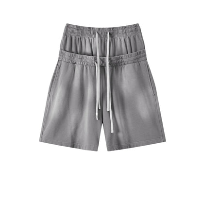 Custom LOGO men's 320G heavy 100% washed and old double waist high waist medium pants loose casual sports five-point shorts