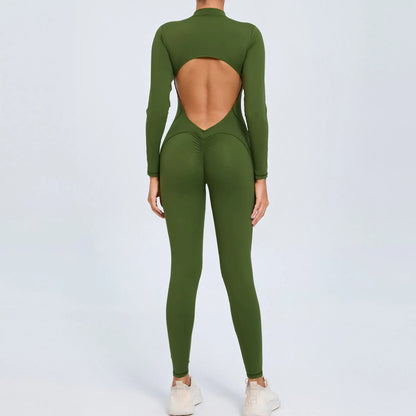 Hearuisavy Summer V Back Sports Jumpsuit Yoga Clothes Rompers Women Long Sleeveles Workout Bodysuits Backless One-piece Suit