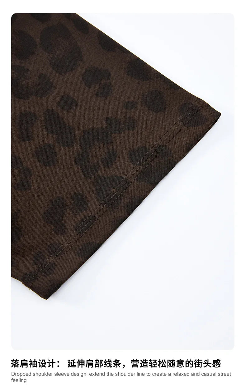Custom LOGO men's new summer 240G cotton polyester American retro BOXY leopard print short-sleeved T-shirt casual loose top