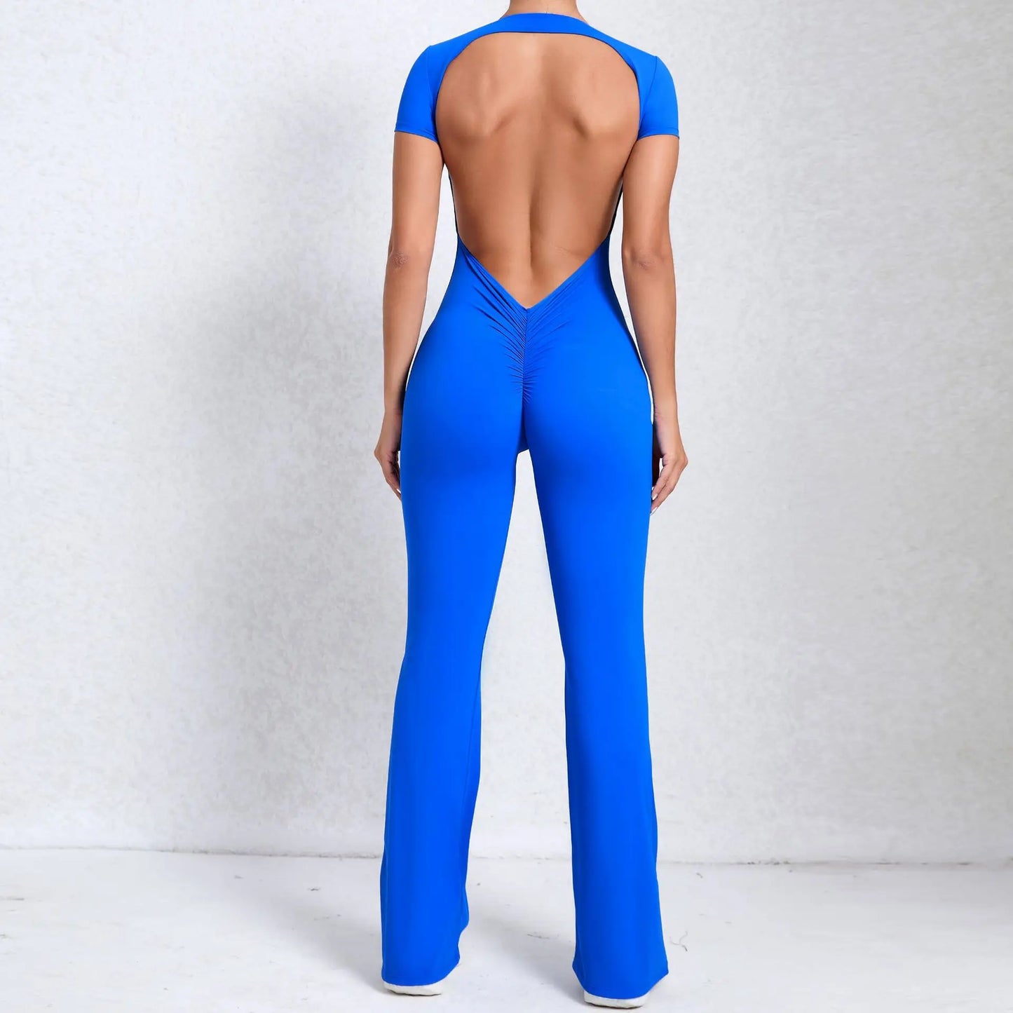 Women's Tracksuit Yoga Set Backless Jumpsuits Back V One Piece Fitness Rompers Short Sleeves Sportswear Gym Set Workout Clothes