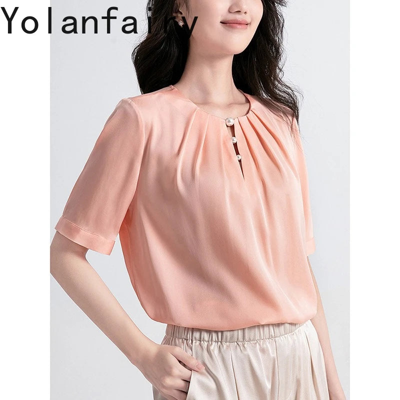 YOLANFAIRY 100% Natural Mulberry Silk T Shirts Woman Clothing 2026 Summer Loose Fashion T Shirt Elegant Womens Tops Short Sleeve