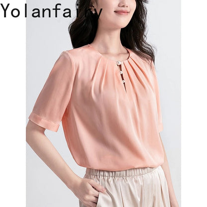 YOLANFAIRY 100% Natural Mulberry Silk T Shirts Woman Clothing 2026 Summer Loose Fashion T Shirt Elegant Womens Tops Short Sleeve