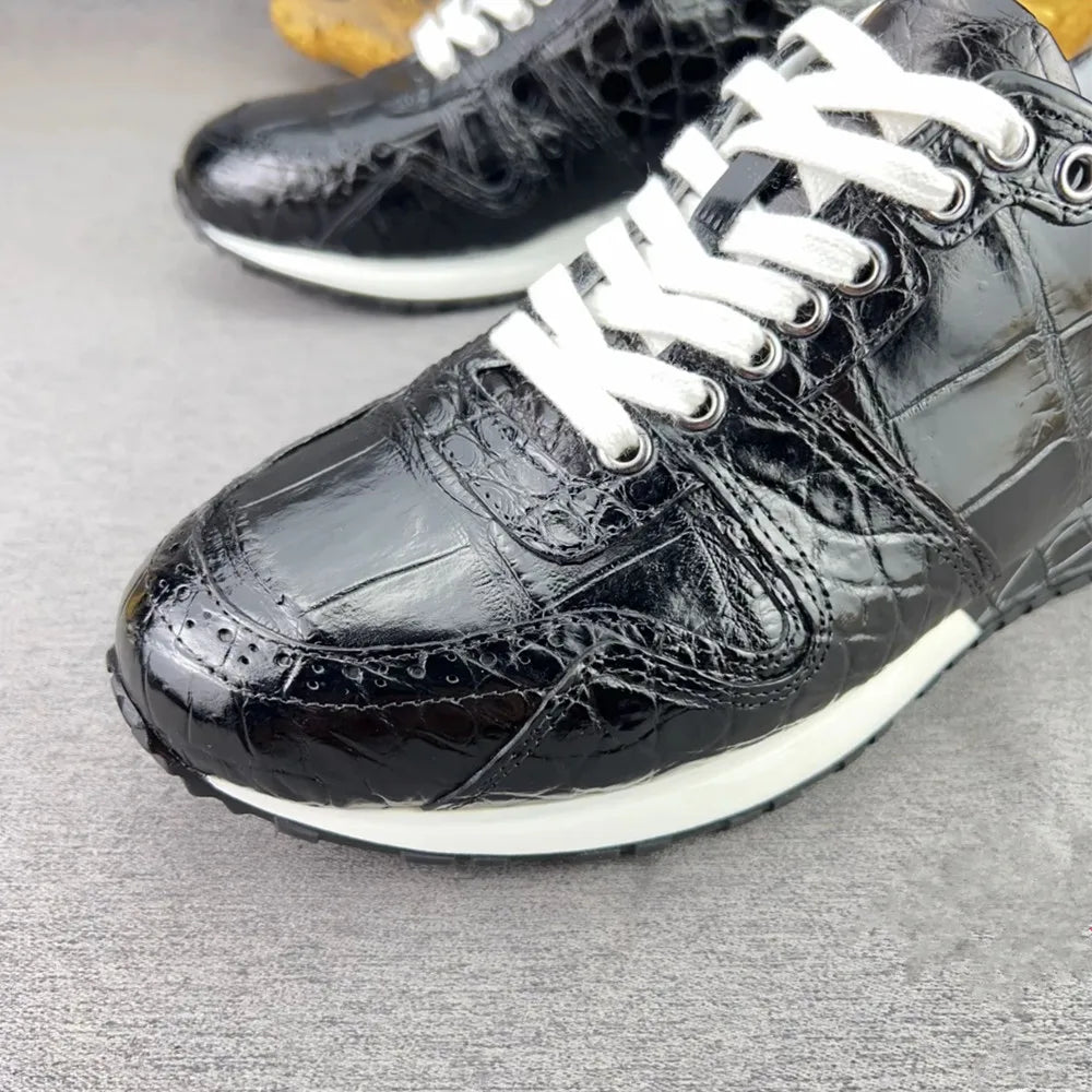 2026 new authentic crocodile leather men's black sneakers real crocodile leather men's soft lace-up casual shoes