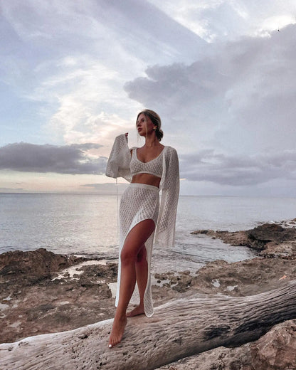 Sexy Knit Set White Cut Out Swimsuit Cover Up 2026 Women's Summer Bell Sleeve Lace-up Loose Top Beach Half Skirt Two-piece K136