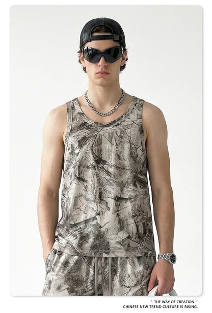 Custom LOGO men's 315G cotton polyester summer American street camouflage loose sports vest shorts outdoor fitness set