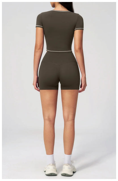 TRY TO BN 2 Pieces Women's Tracksuit Yoga Short Sleeves Top Sets High Waist Shorts Contrasting Color Running Fitness Gym Clothes