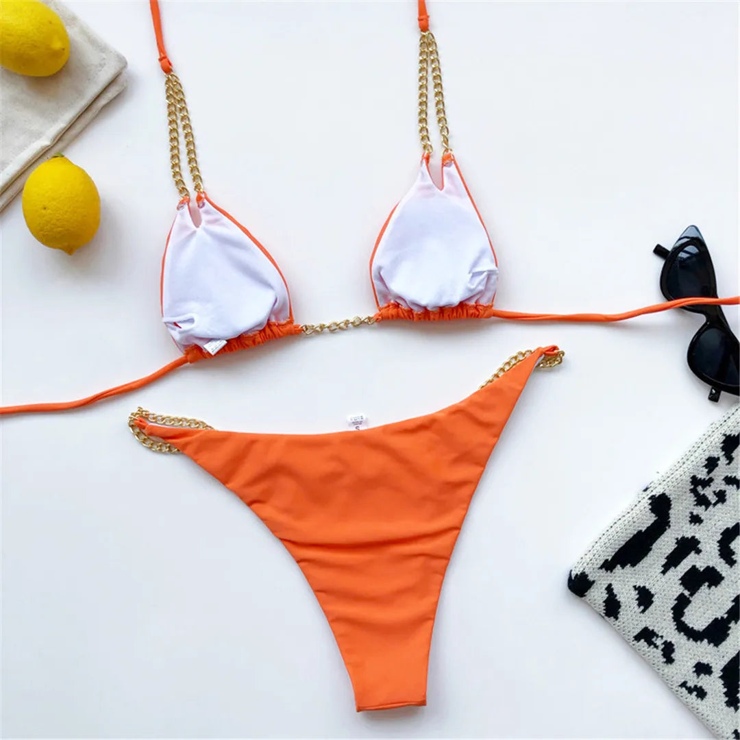 7 Colors Sexy Halter Bikini Female Swimsuit Women Swimwear Two-pieces Bikini set Metal Chain Bather Bathing Suit Swim Lady V2362