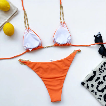 7 Colors Sexy Halter Bikini Female Swimsuit Women Swimwear Two-pieces Bikini set Metal Chain Bather Bathing Suit Swim Lady V2362