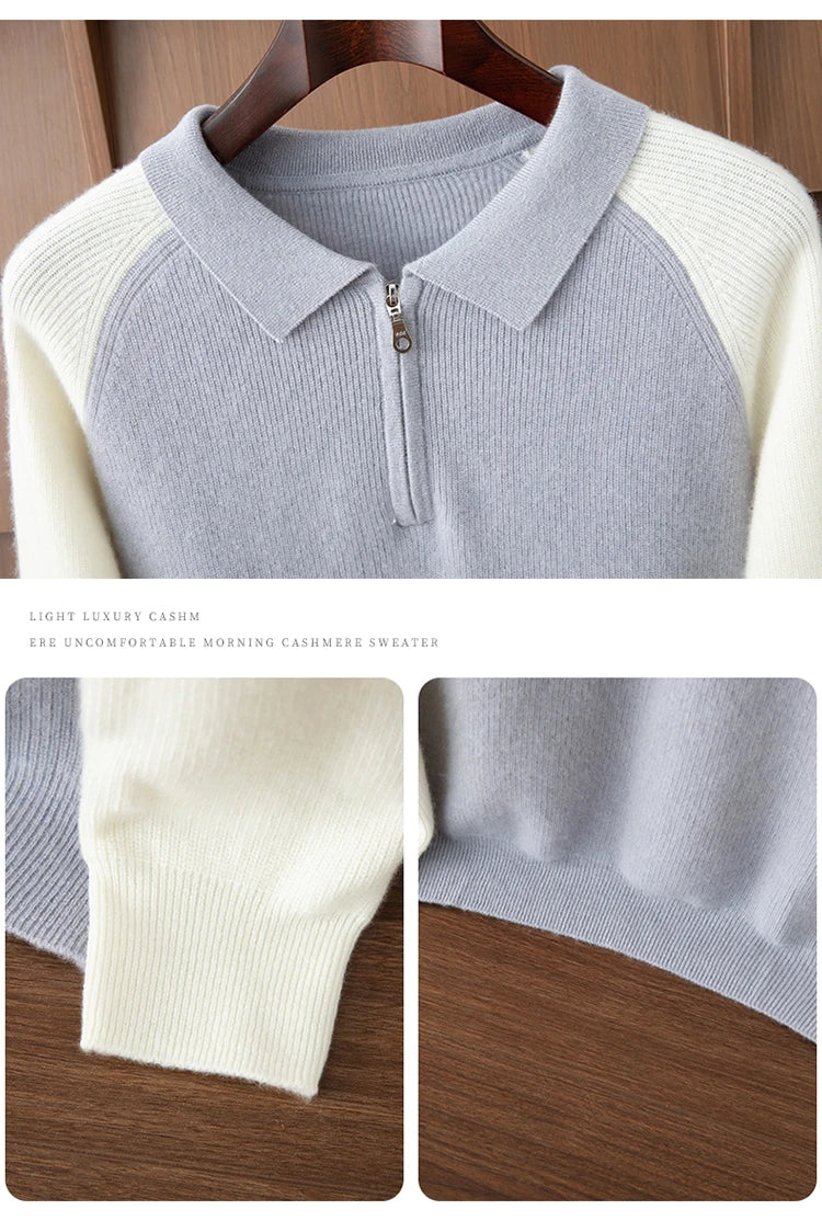 100% Cashmere Polo Sweater Autumn Winter Basic Smart Casual Long Sleeve Men's Pullover Cashmere Knitwear Soft Comfy Clothing Top