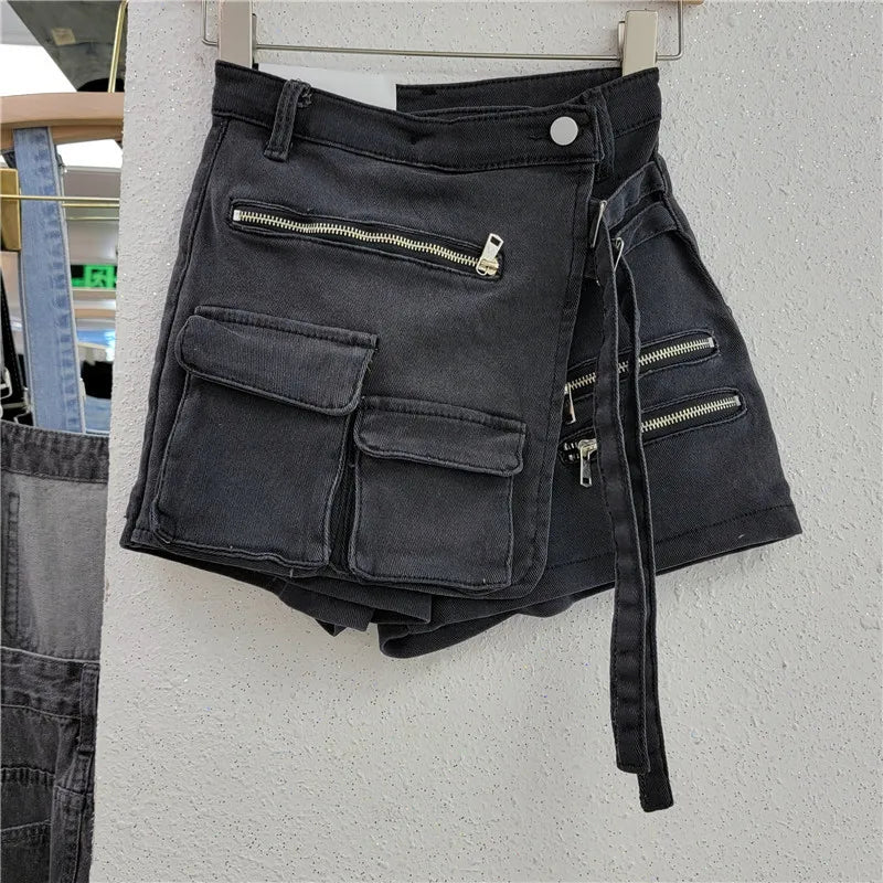 DEAT Fashion Women's Denim Shorts High Waist Zipper Lace Strap Pockets Fake 2 Pcs Green Shorts Skirts Summer 2024 New 17A6200