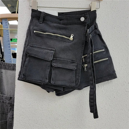 DEAT Fashion Women's Denim Shorts High Waist Zipper Lace Strap Pockets Fake 2 Pcs Green Shorts Skirts Summer 2024 New 17A6200